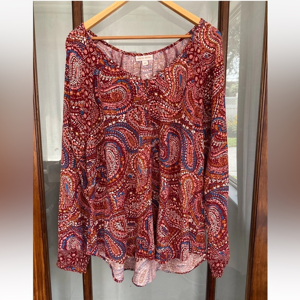 Knox Rose Red Paisley Tunic Top Size XL Long Sleeve Smocked Boho Peasant Prairie - Picture 1 of 6